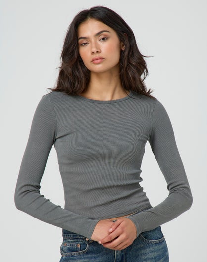 Cotton Ribbed Long Sleeve Top in Washed Charcoal | Glassons