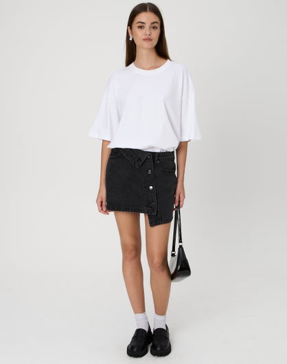 Foldover Waist Asymmetrical Denim Skirt in Suzy Mid Wash