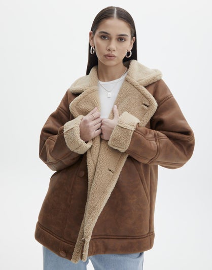 Oversized Fluffy Collared Coat in Brown | Glassons