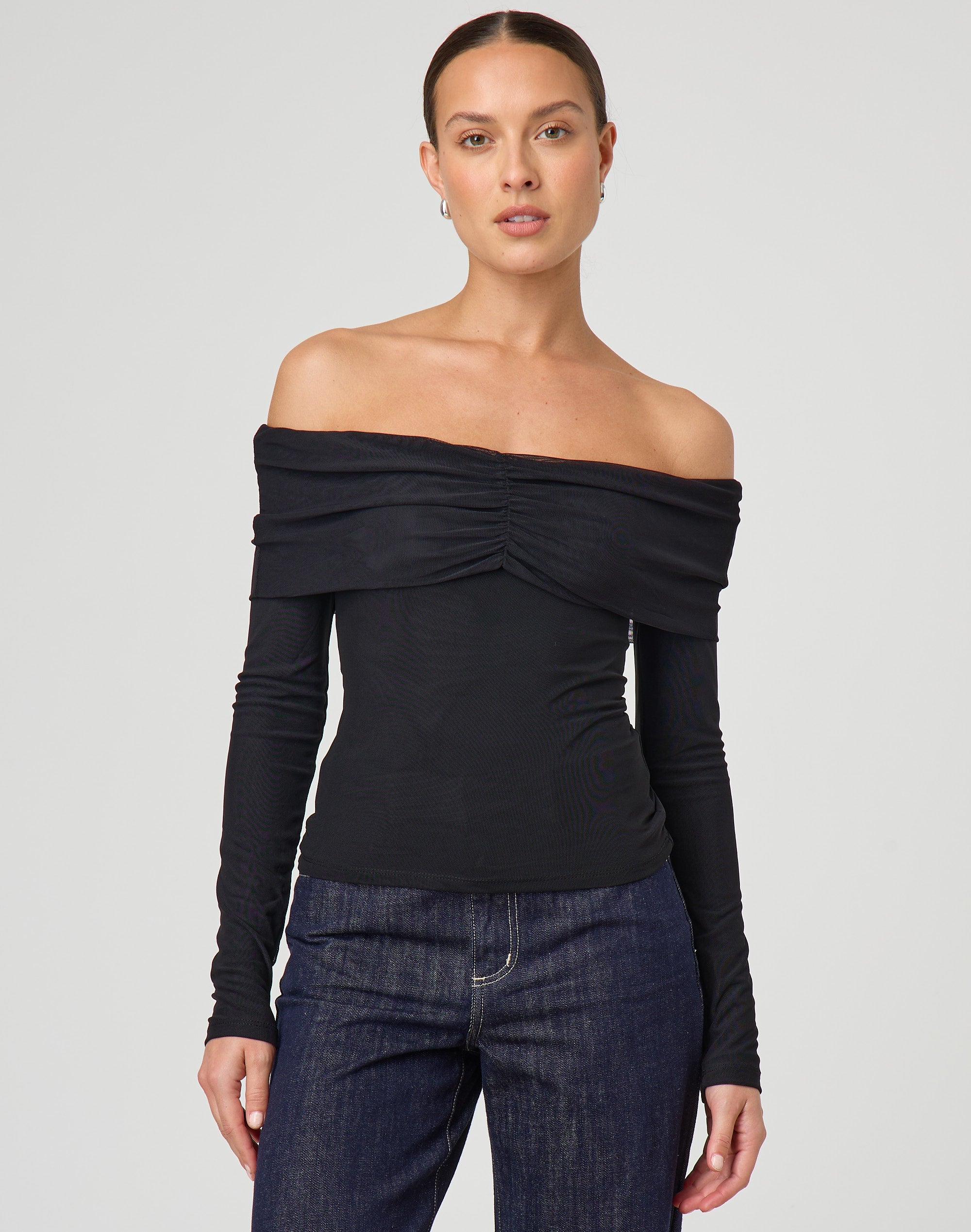 Black mesh off the shoulder top online