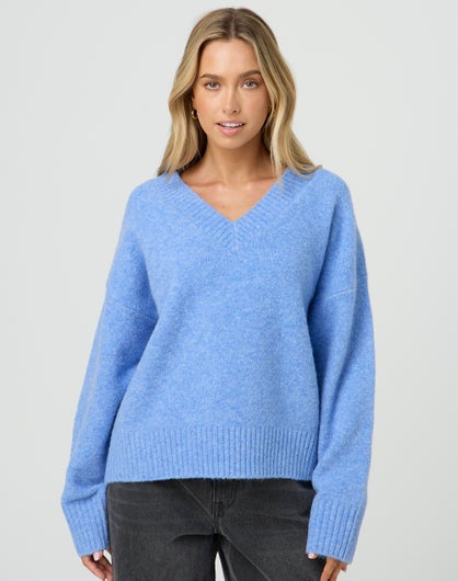 Cosy V Neck Knit Jumper in Blue Marle | Glassons