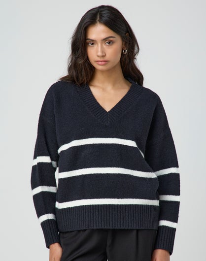 Cosy V Neck Stripe Knit Jumper in Tame/ Friday Night/ Milk | Glassons