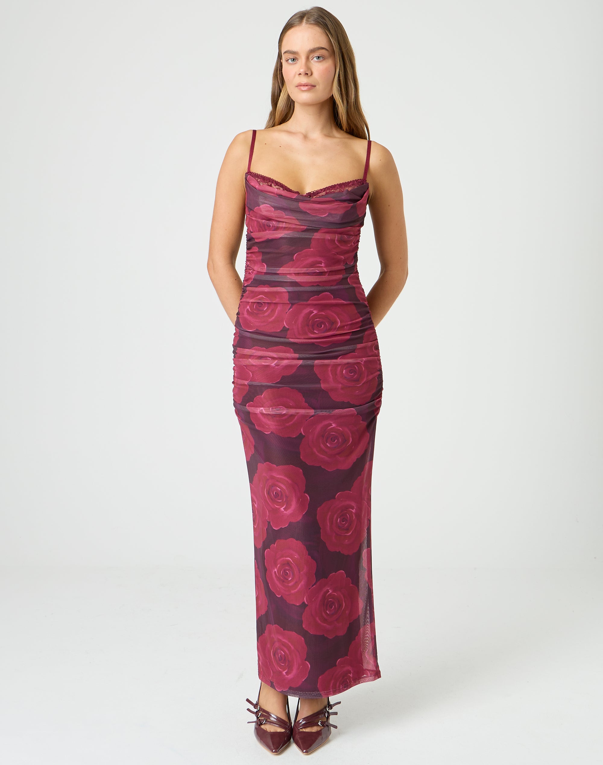 Picot Ruched Maxi Dress in Raspberry Rose Glassons