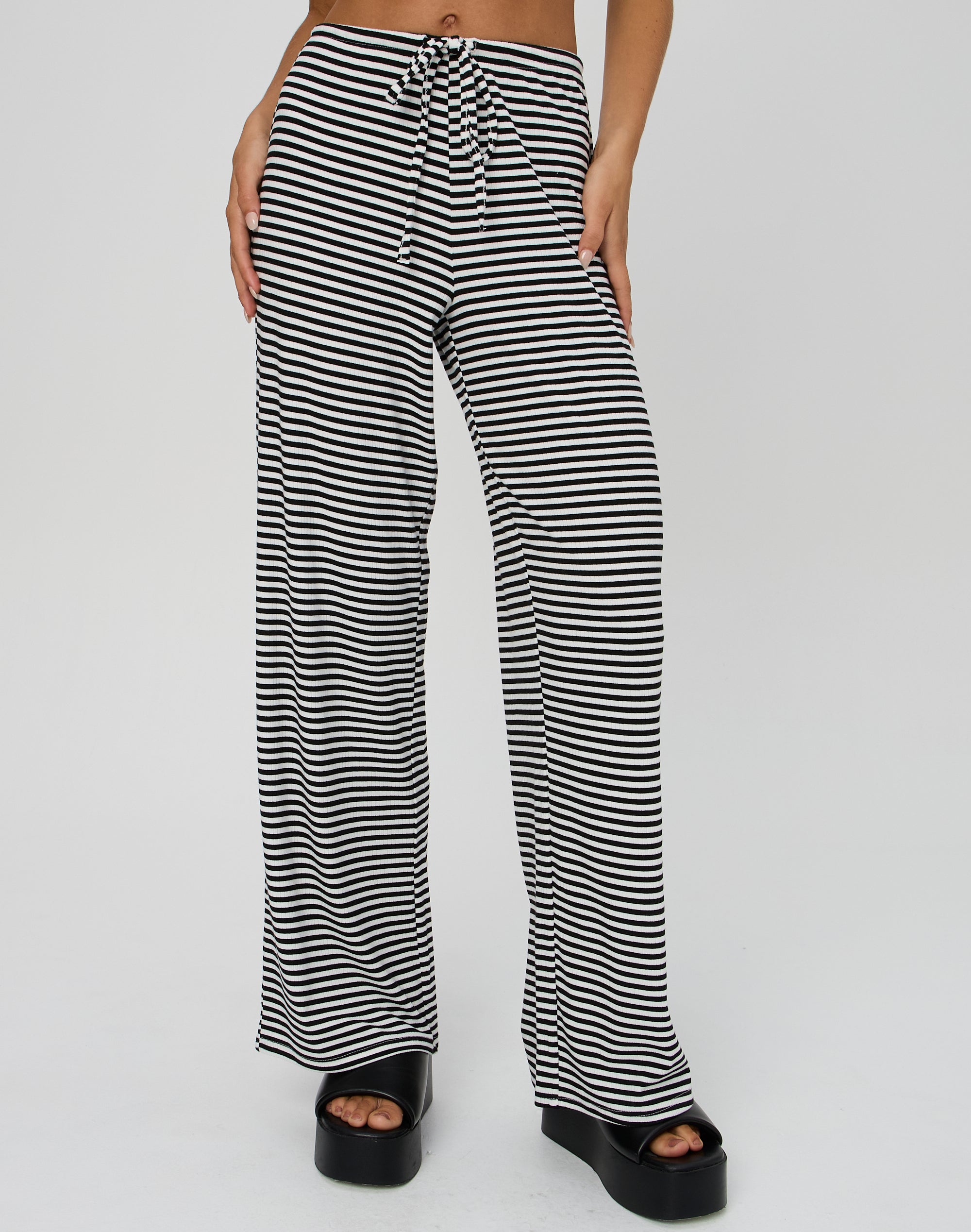 Black Stripe Belted Flare Trousers