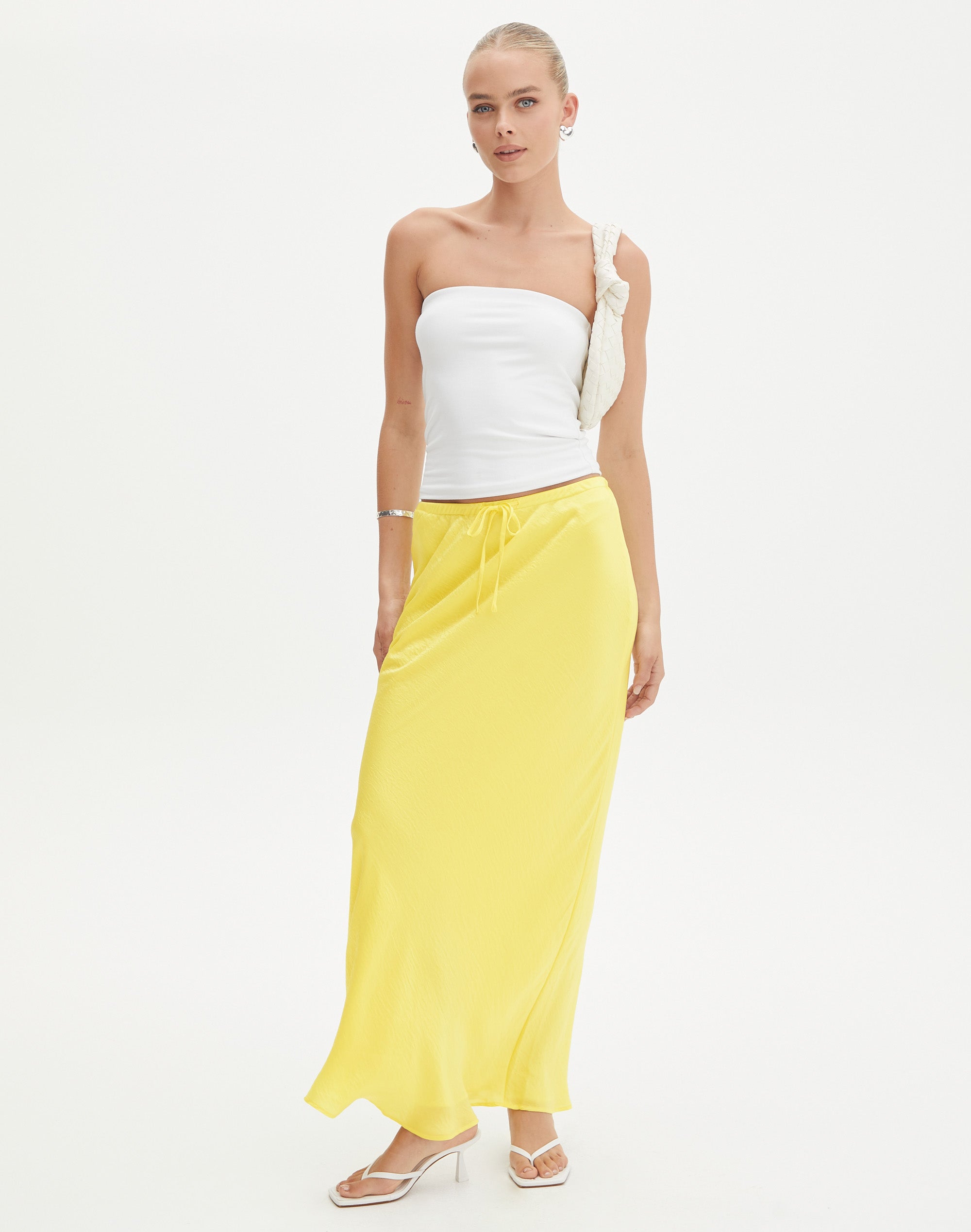 Drawstring Satin Maxi Skirt in It Was All Yellow Glassons