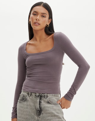 Long Sleeve Button Scoop Neck Top in Keep Your Coal