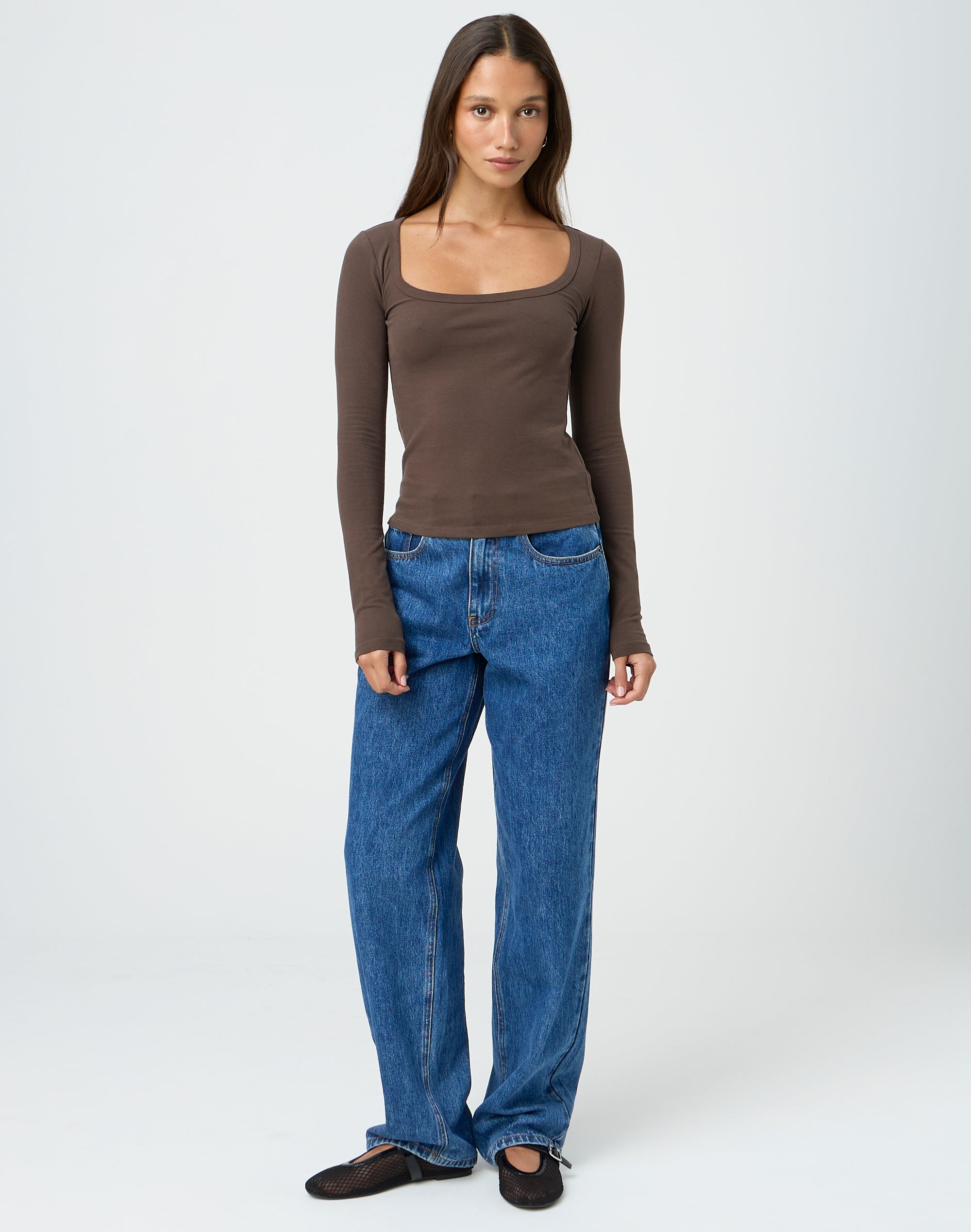 Cotton Square Neck Long Sleeve Top in Soy Bean