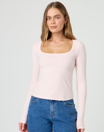 Cotton Square Neck Long Sleeve Top in Stop Blushing | Glassons
