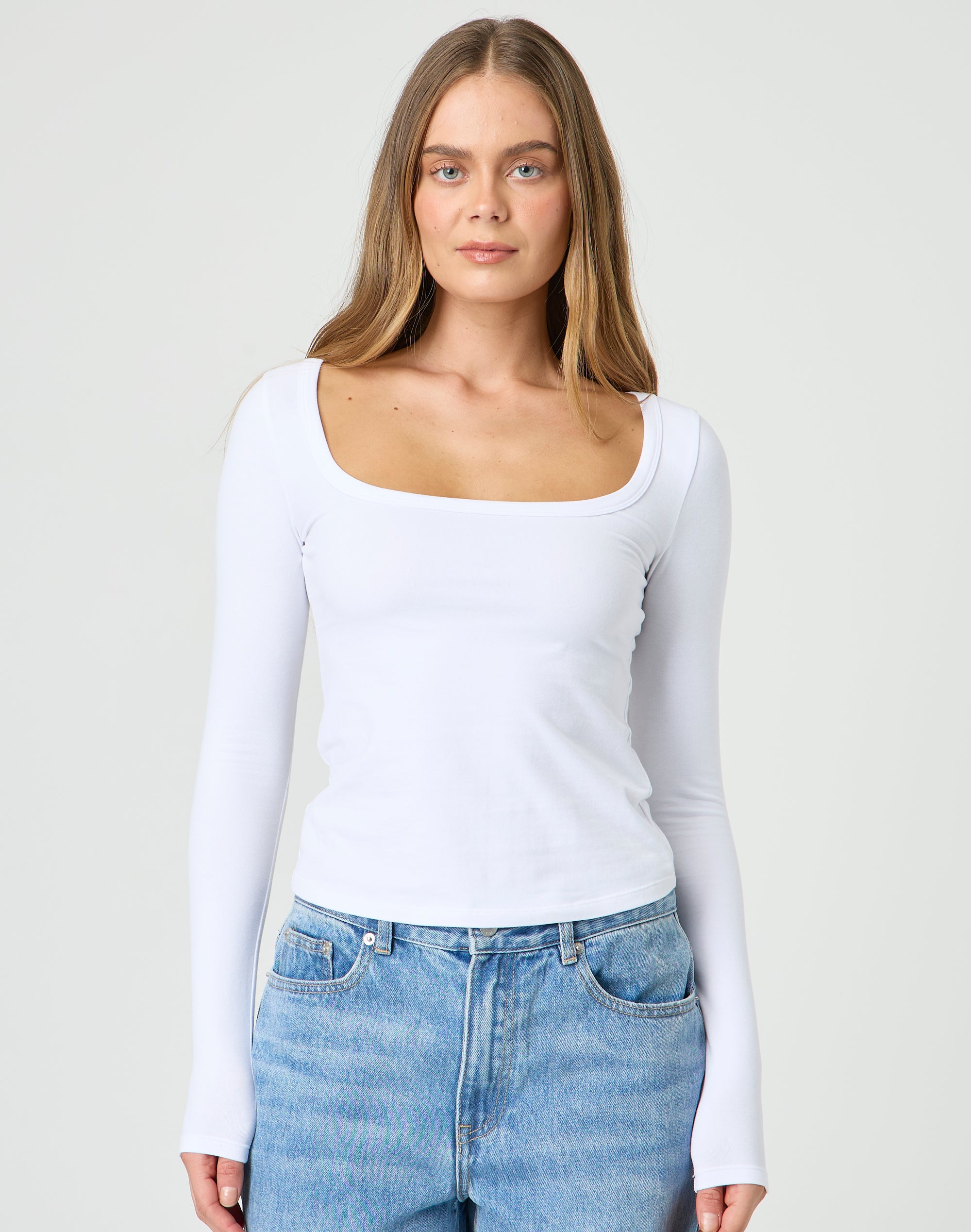 Cotton Square Neck Long Sleeve Top in White