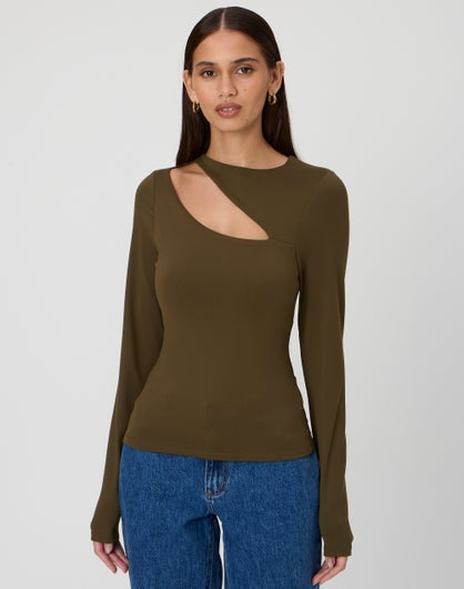 Cut Out Long Sleeve Top in Martini Olive | Glassons