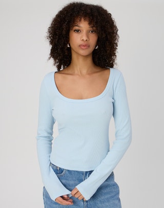 Women Sexy Low Cut Long Sleeve Fitted Tops Square Neck Ribbed T