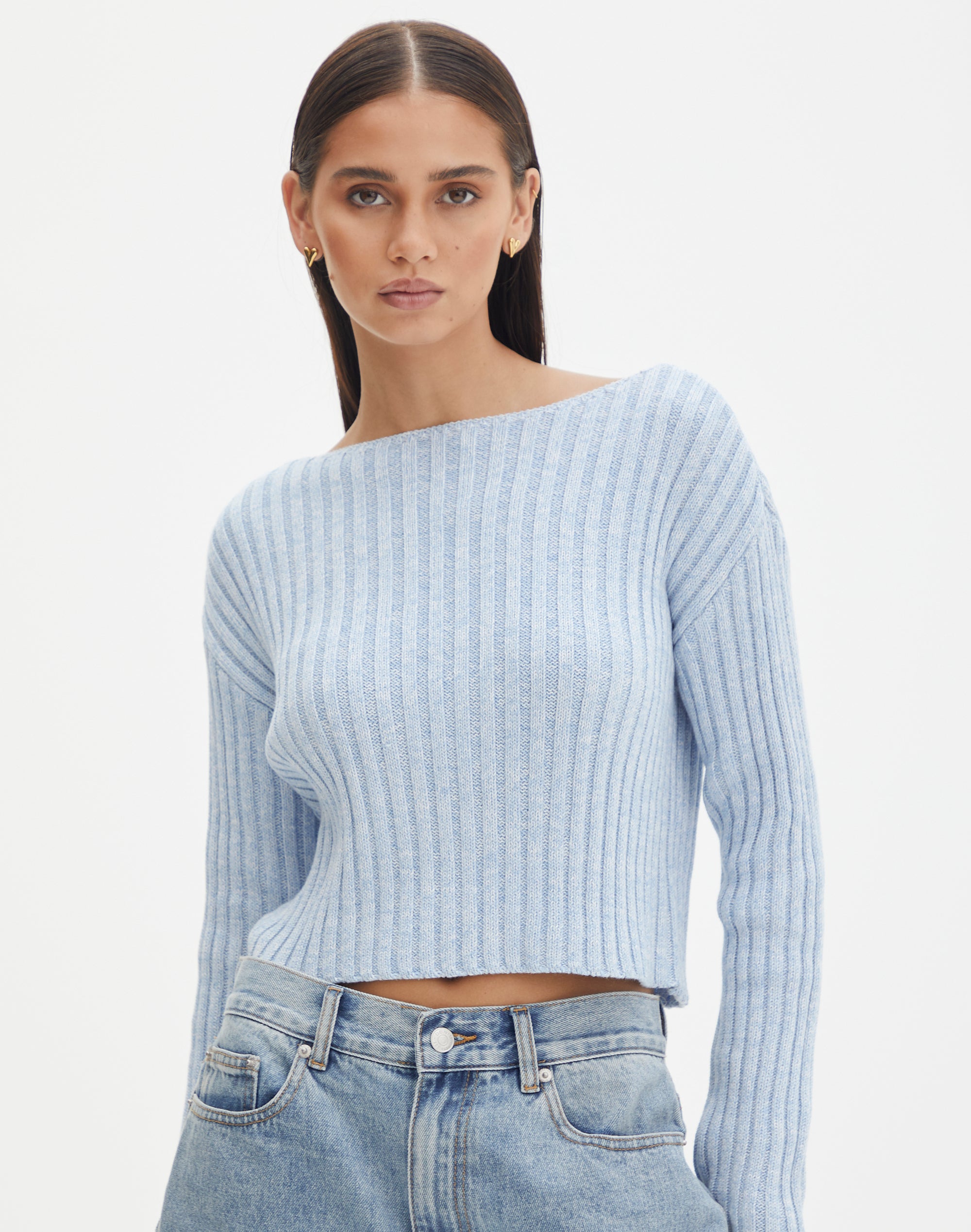 Cropped Cotton Jumper in Blue Jeans Marle Glassons