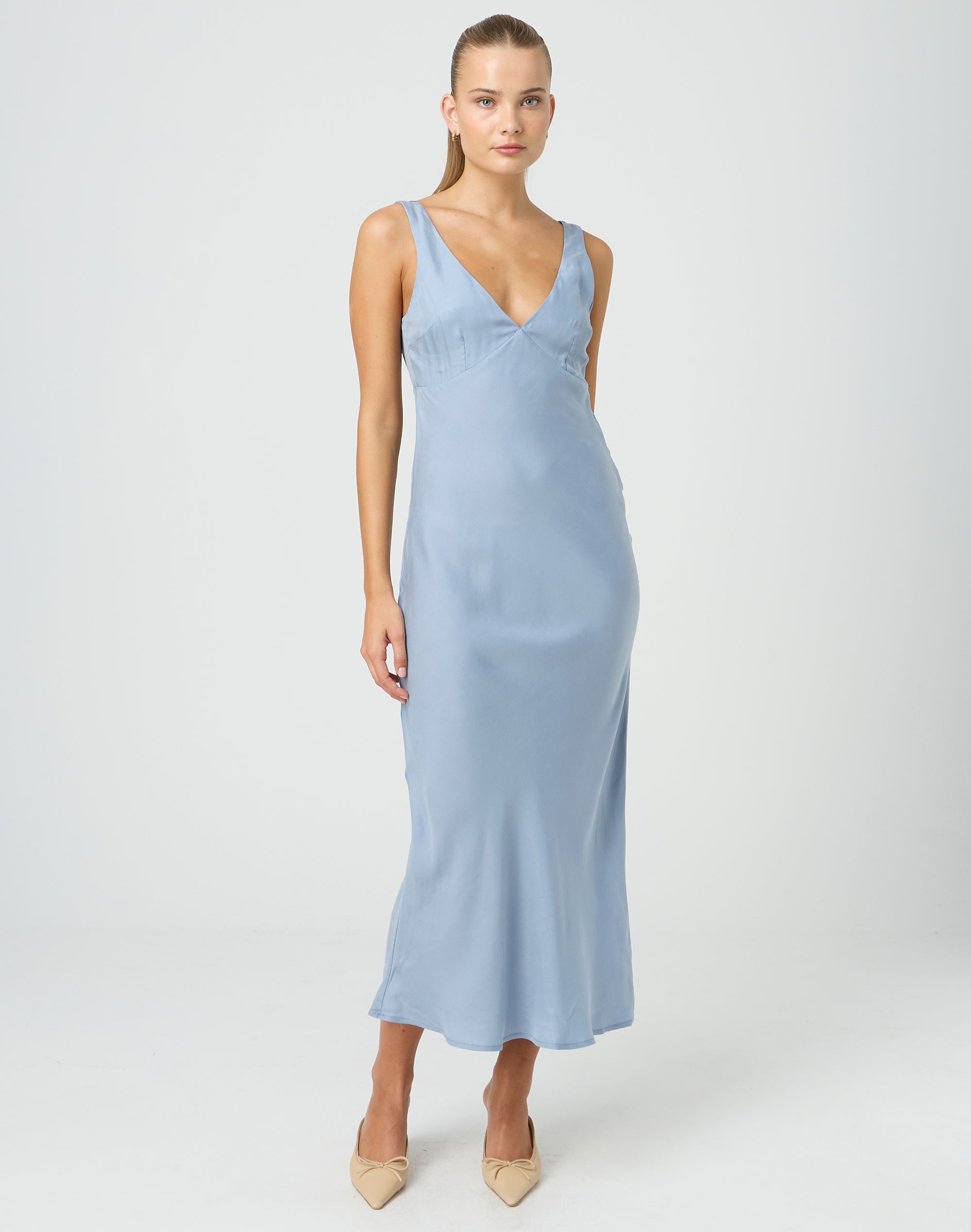 Cupro V Front Maxi Dress in Blue Livid | Glassons US