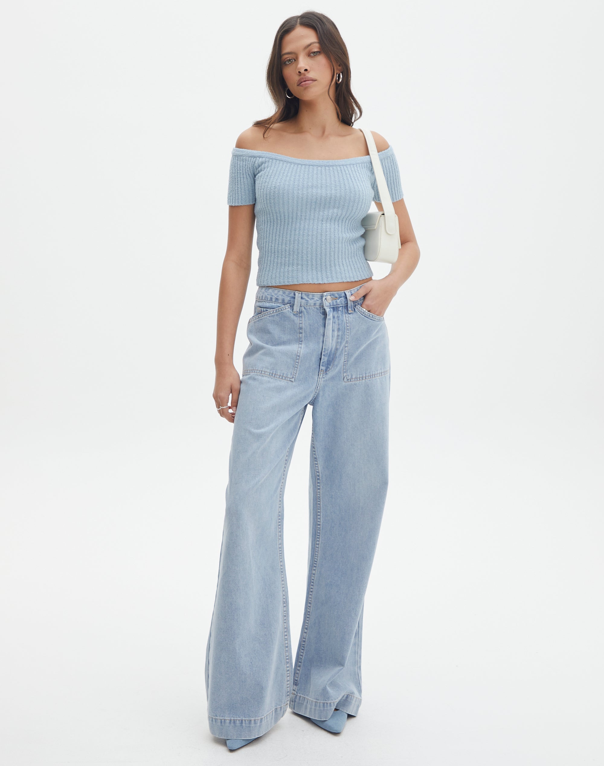Knit Off The Shoulder Crop Top in Blue Bubble