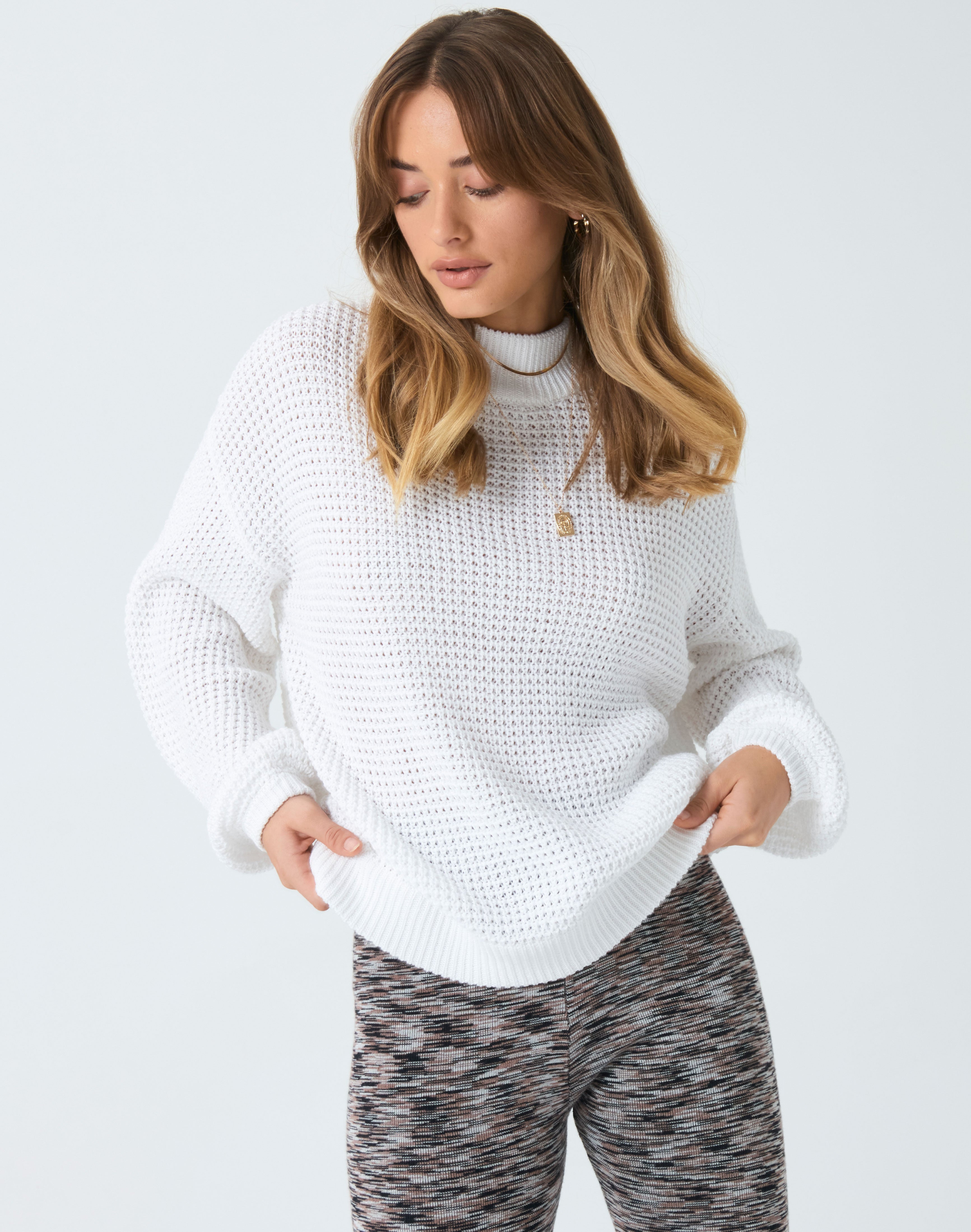 white waffle knit sweater