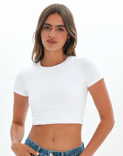 Supersoft Short Sleeve Crop Tee in White | Glassons