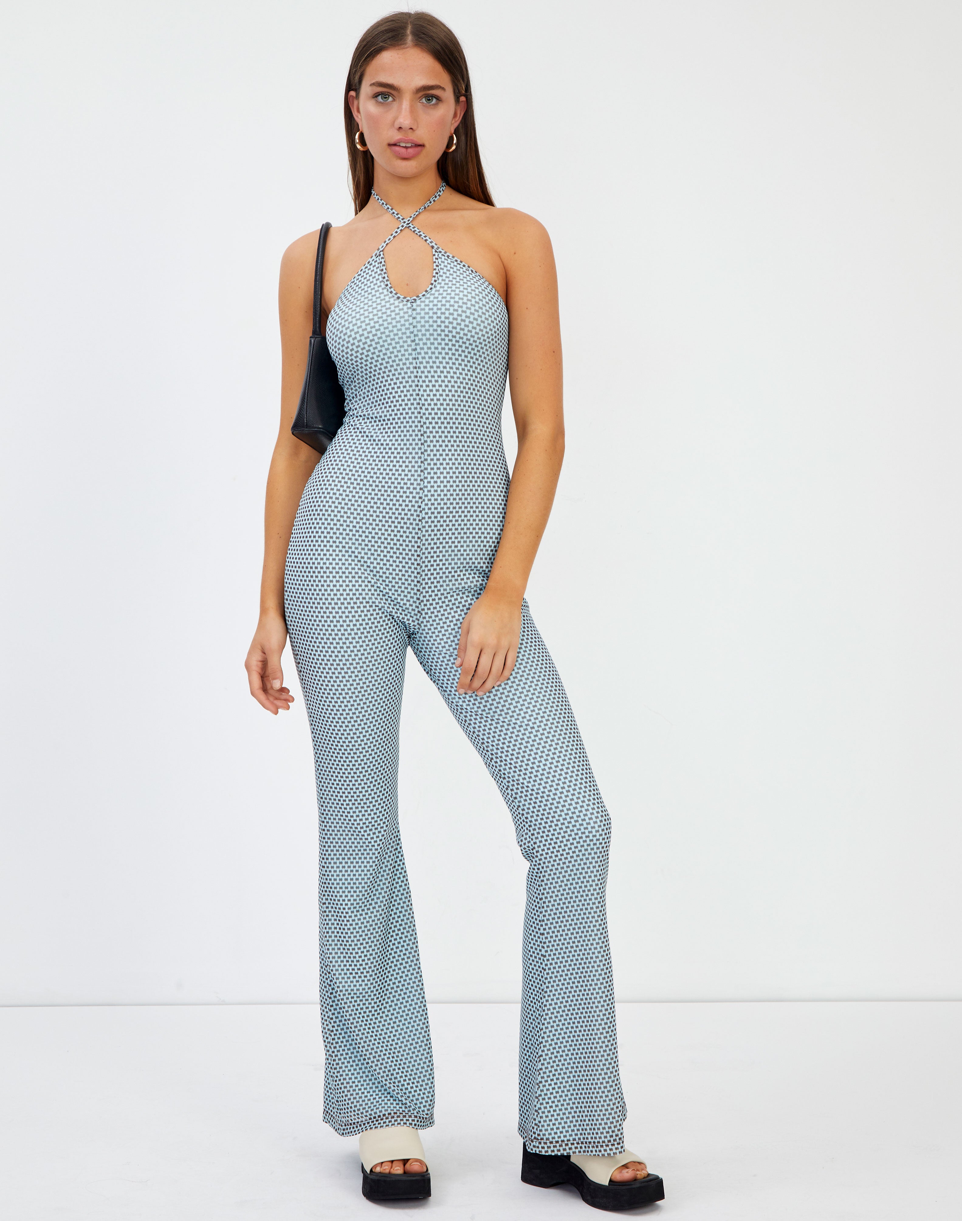 halter neck flare jumpsuit