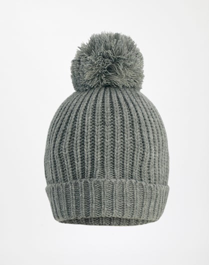 Knitted Pom Pom Beanie in Grey Marle | Glassons