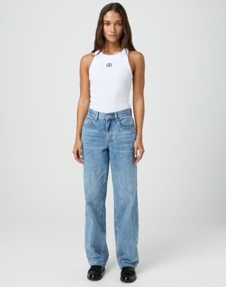Mid Rise Baggy Leg Puddle Jean in Suzy Mid Wash