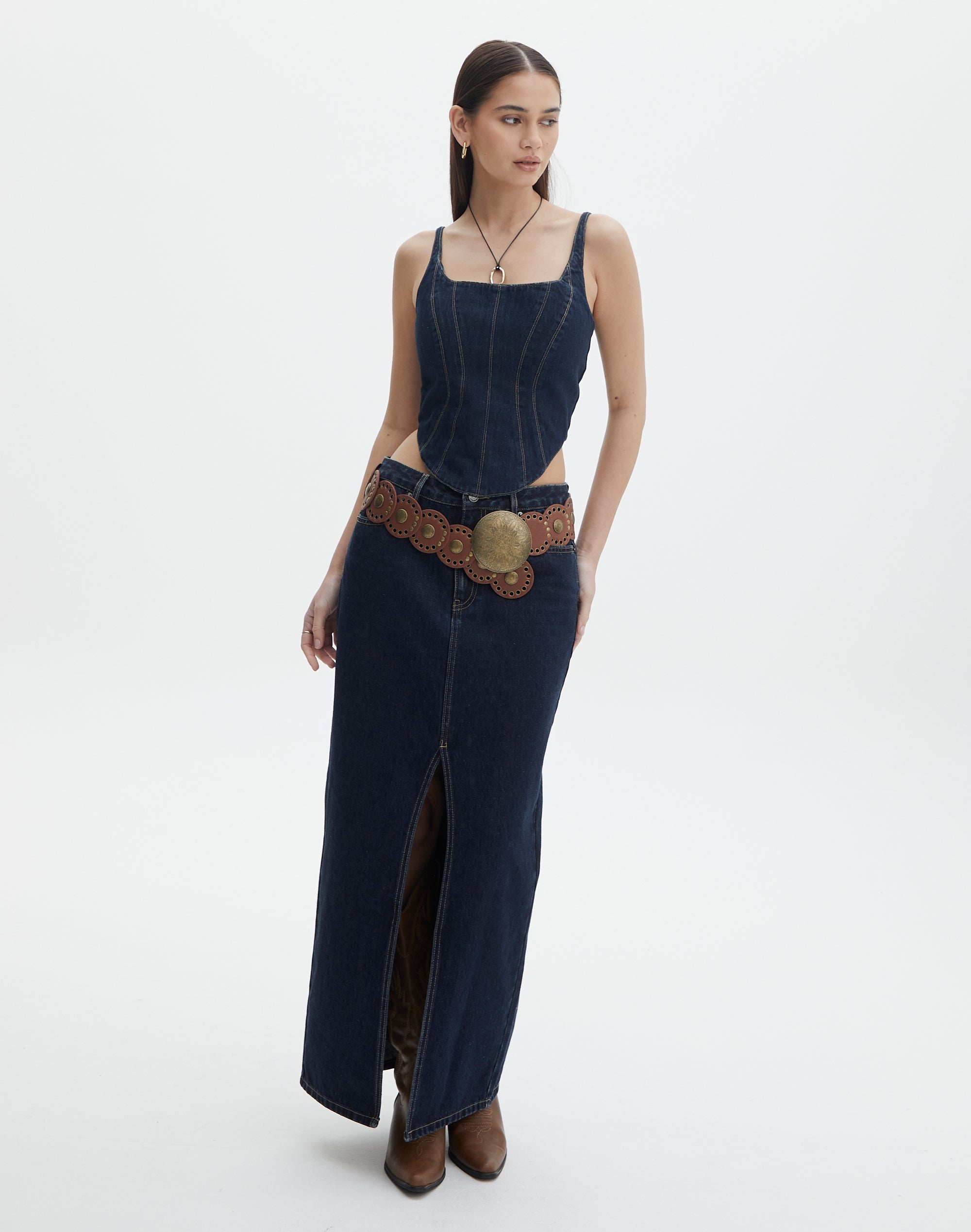 Denim midi hotsell skirt with split