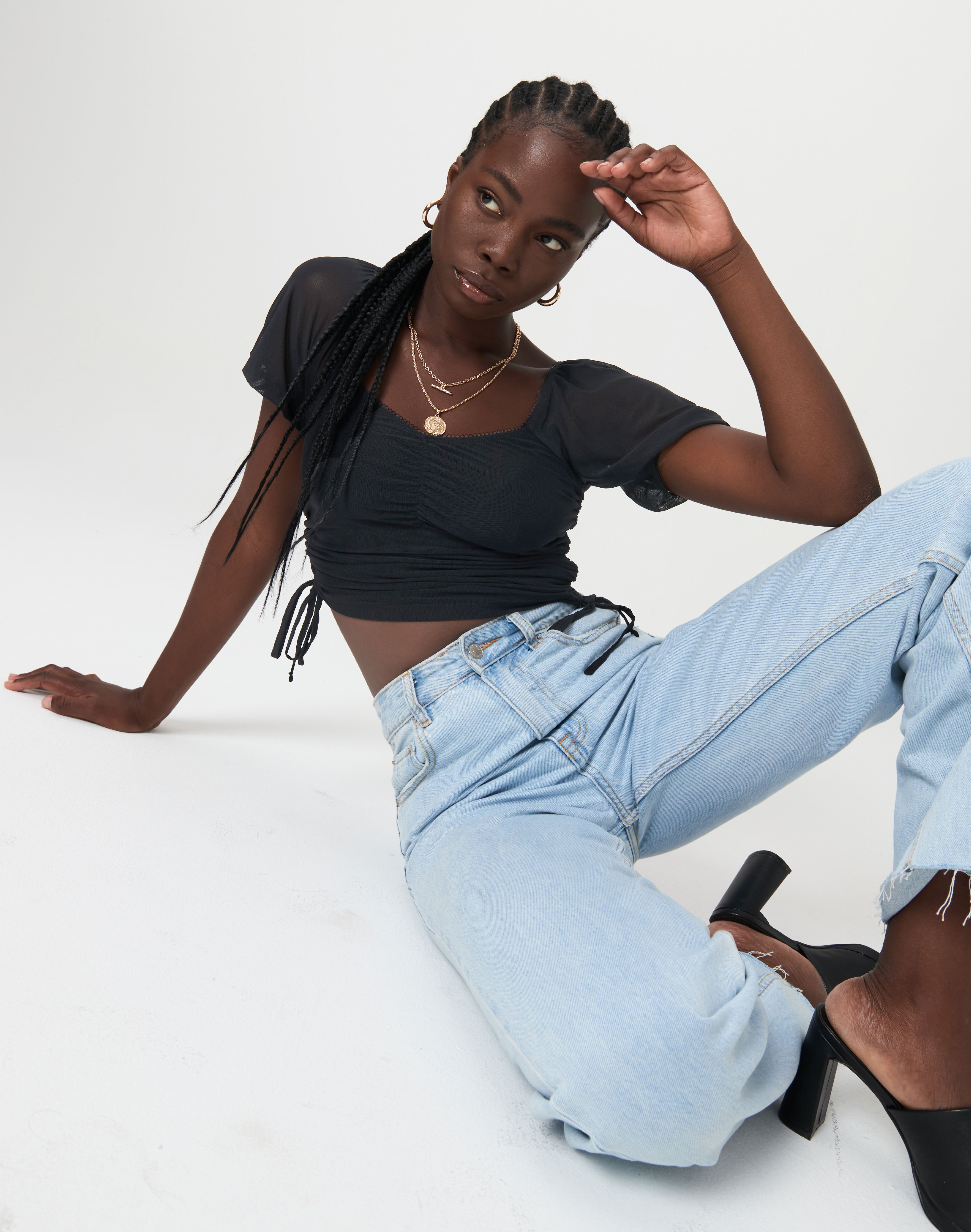 mesh top and jeans