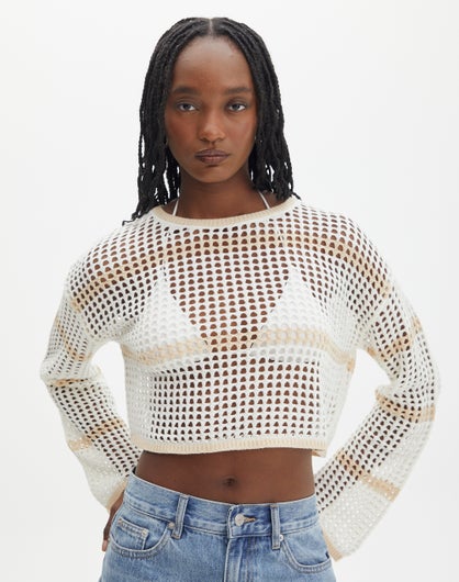 Crochet Stripe Long Sleeve Top in Milk/bestea Stripe | Glassons