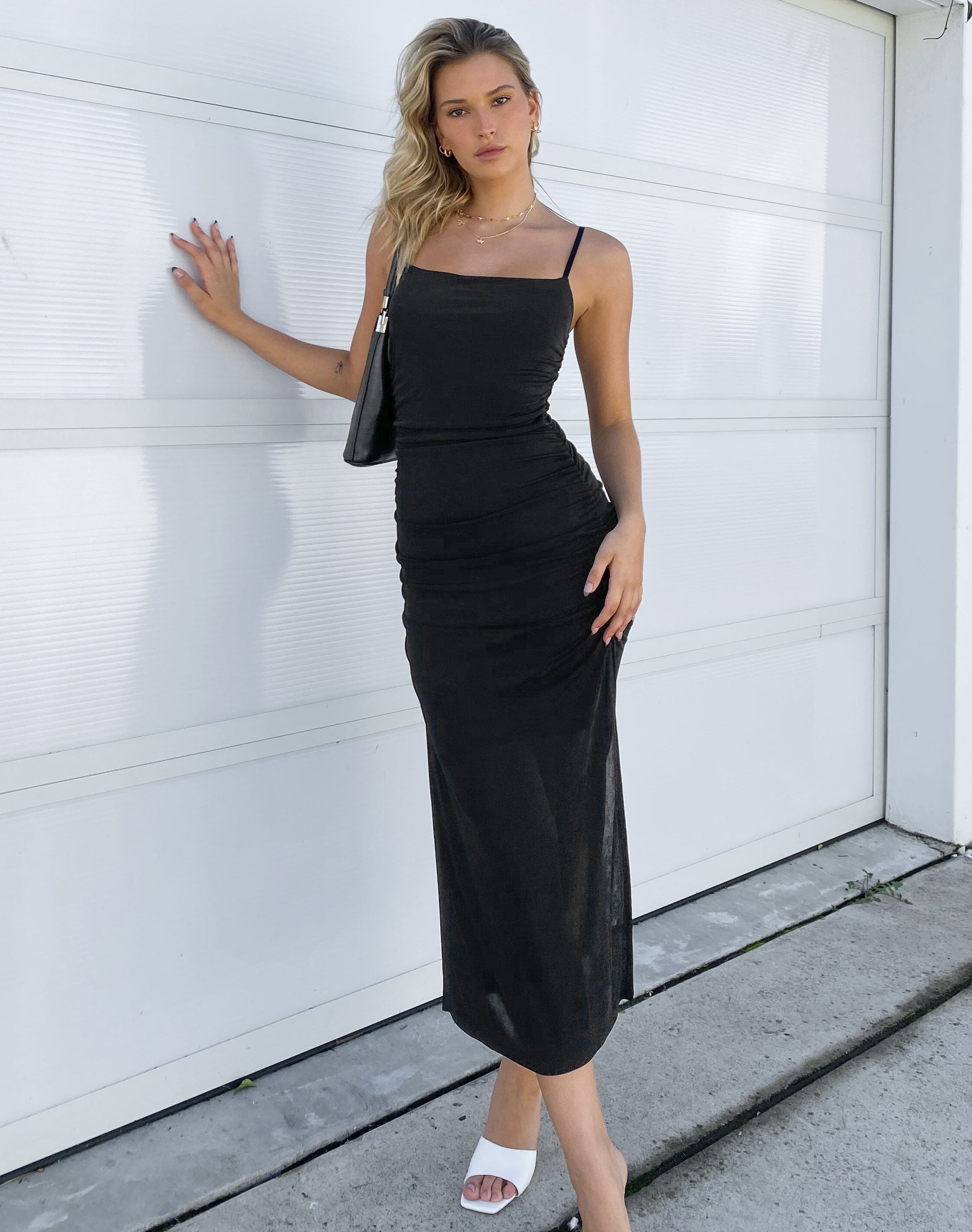 square neck ruched midi dress