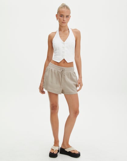 Linen Blend Drawstring Shorts in White