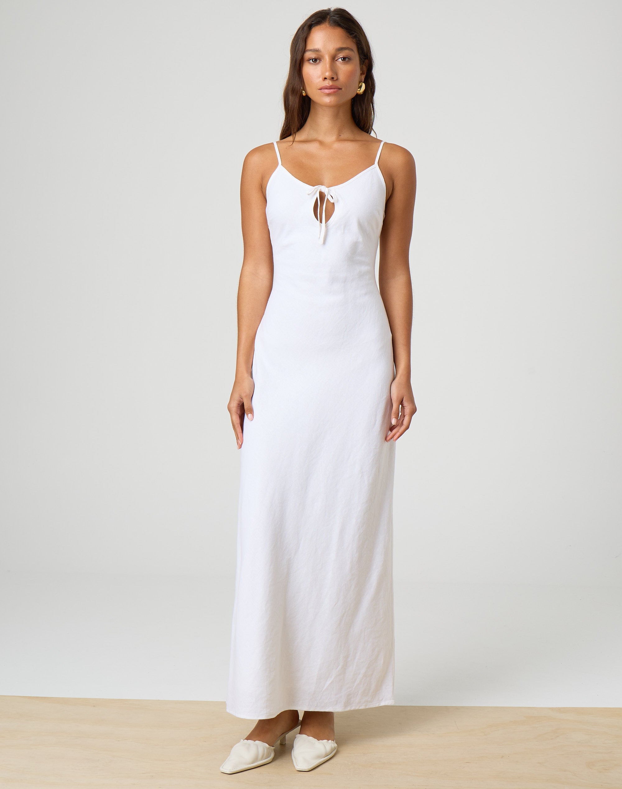 Linen Blend Tie Front Maxi Dress in White Glassons