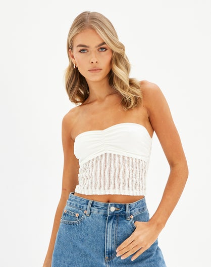 Textured Mesh Ruched Strapless Crop Top in White | Glassons