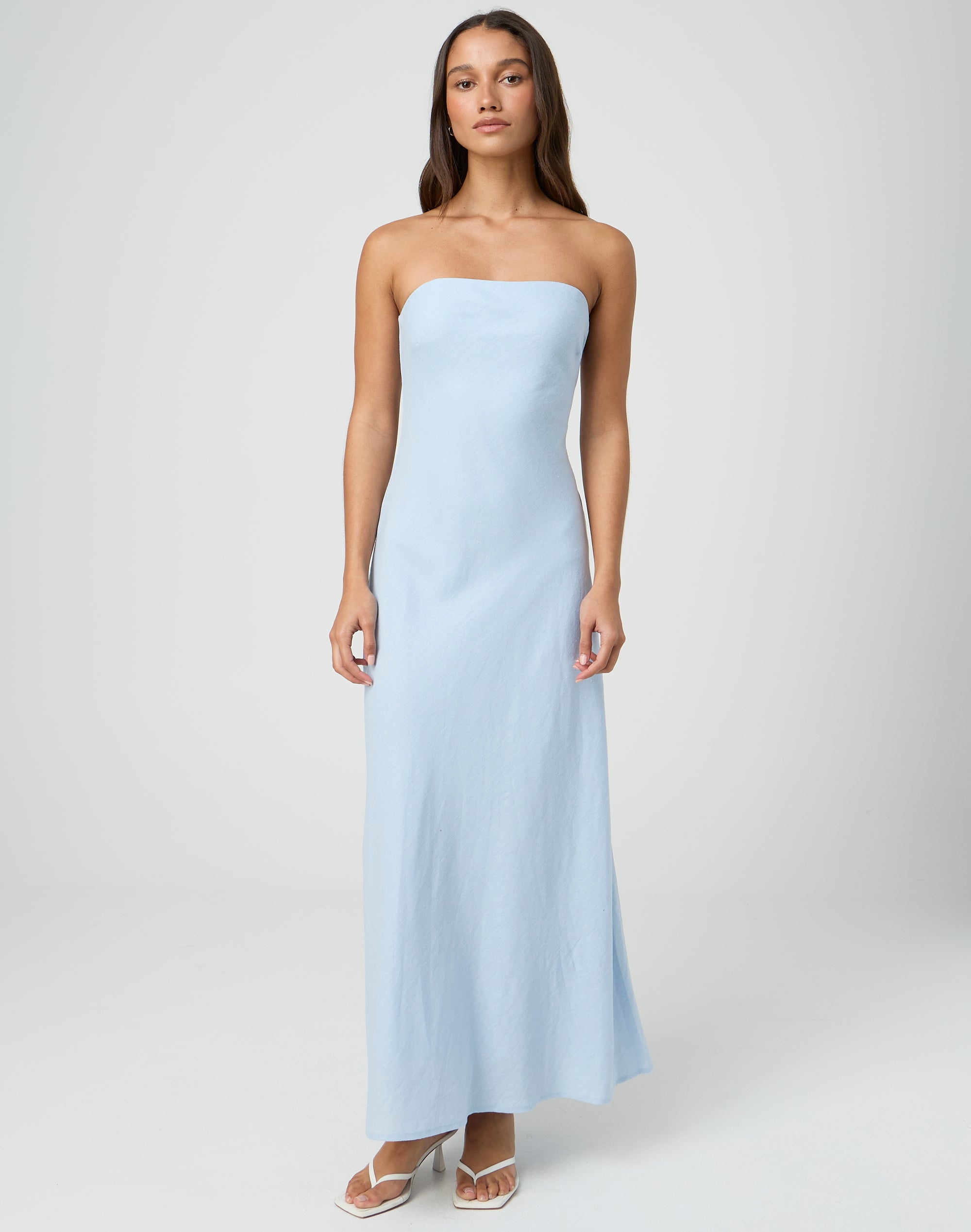 Linen Blend Strapless Maxi Dress in Blue Spirulina | Glassons US