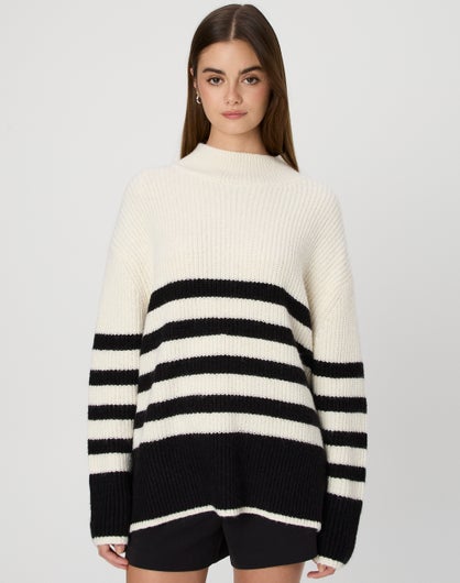 Funnel Neck Stripe Knit Jumper in Brinda/black/bone | Glassons