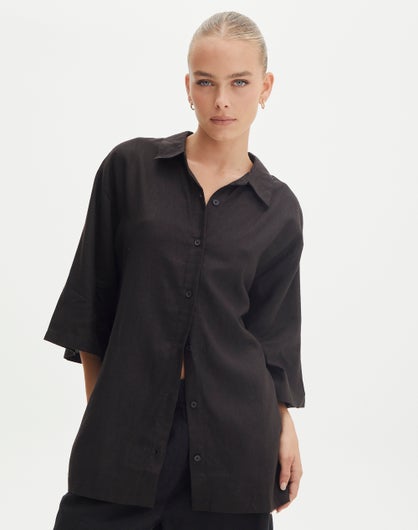 Linen Blend Short Sleeve Shirt in Black | Glassons