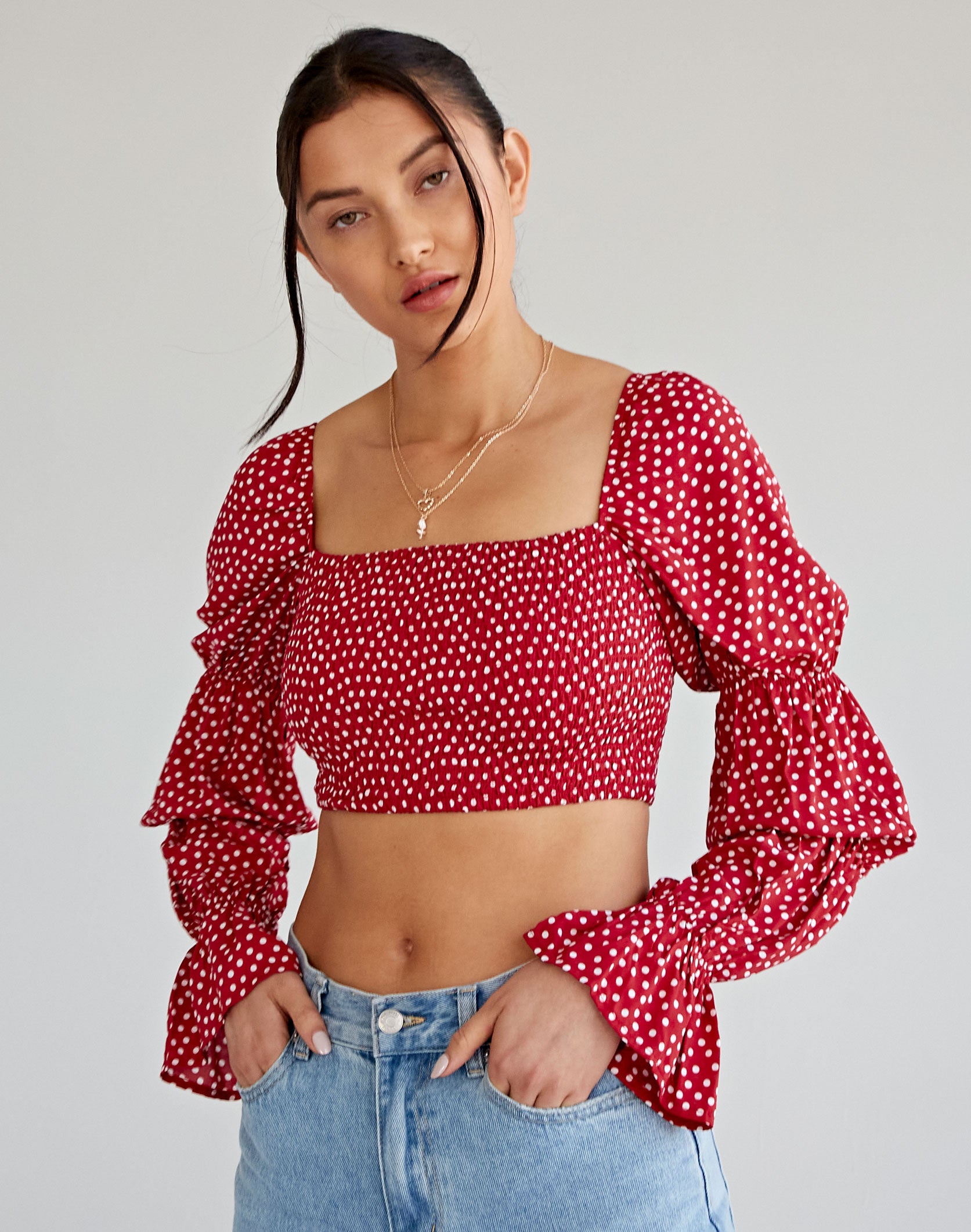 shirred long sleeve top