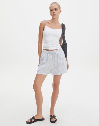 Linen Blend Tie Waist Shorts in White