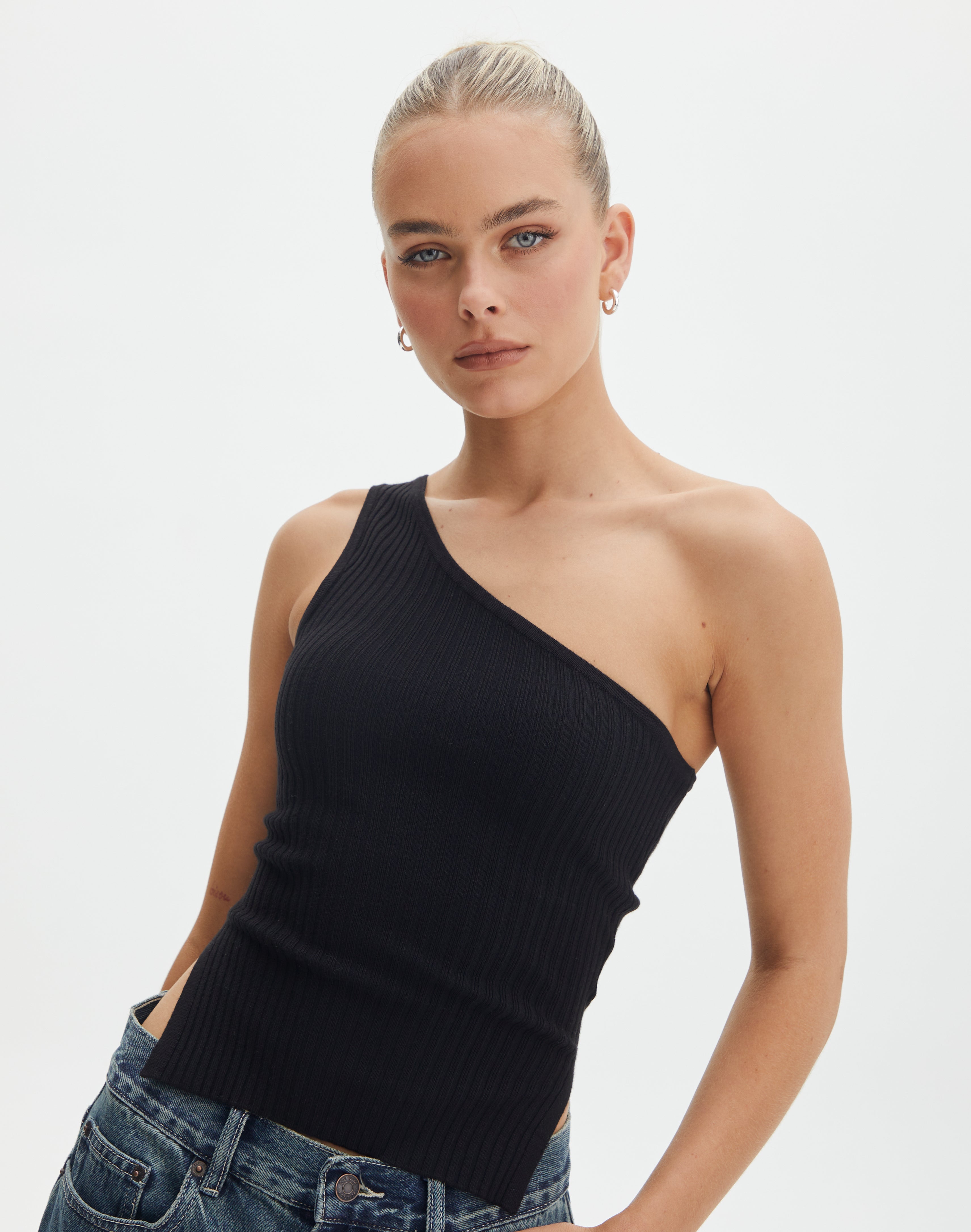 Black Soft Rib Double Strap One Shoulder Top