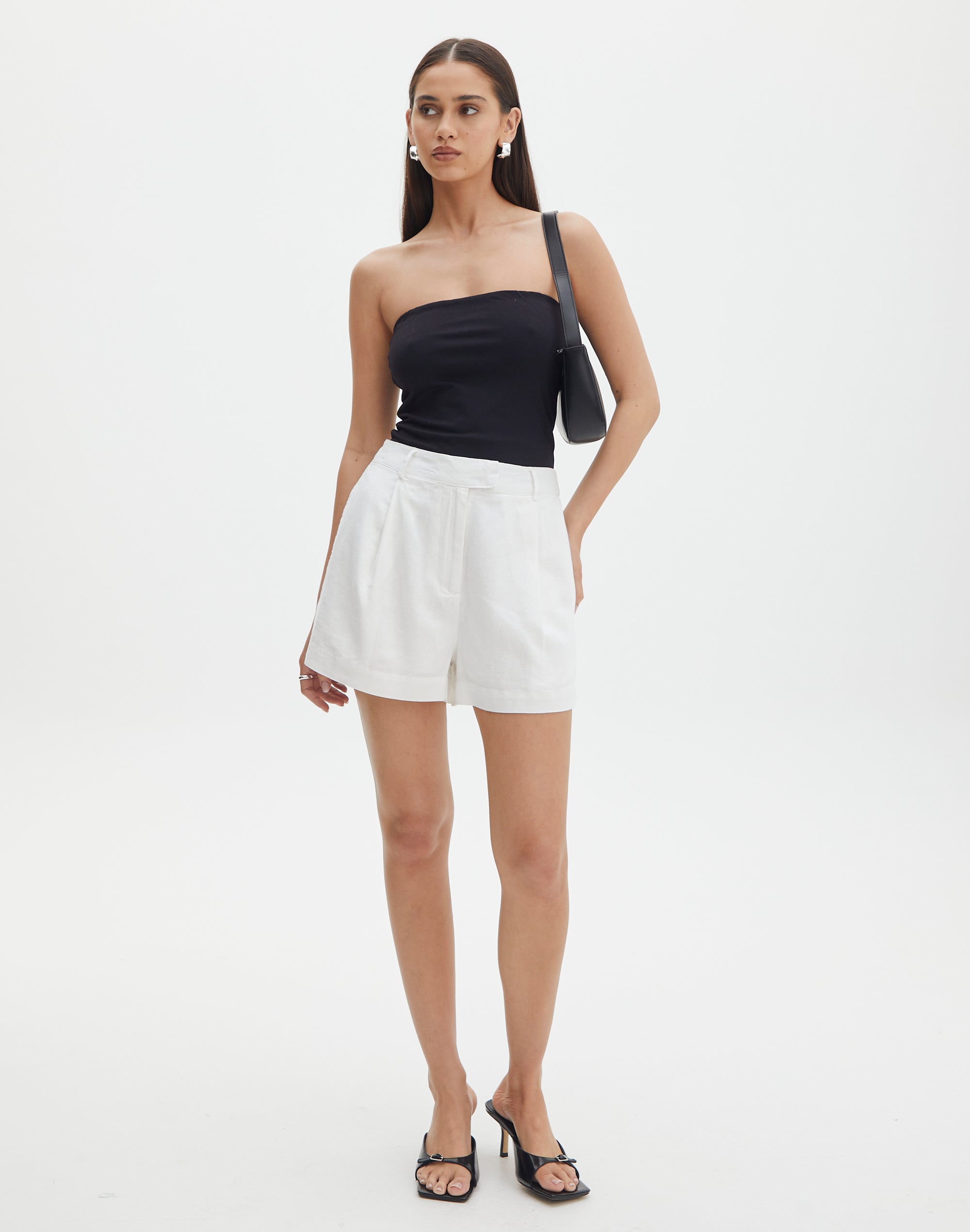 Linen Blend Tie Waist Shorts in White