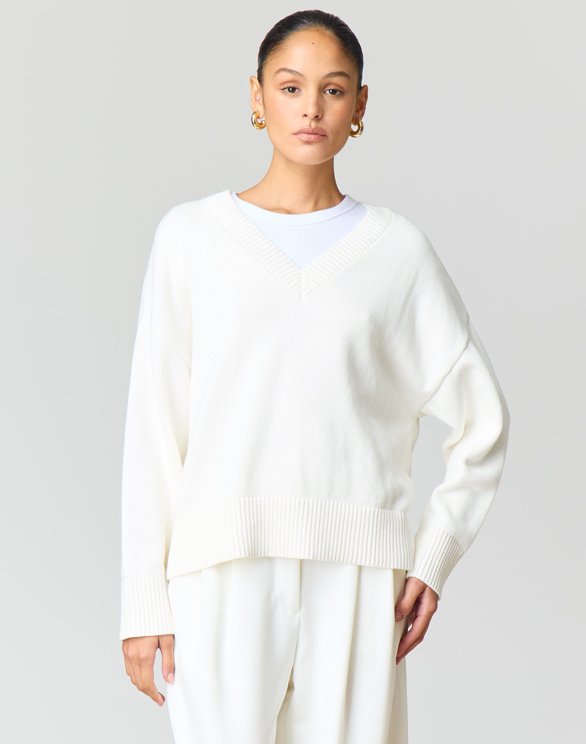 V Neck Cotton Knit Jumper in Milk Glassons