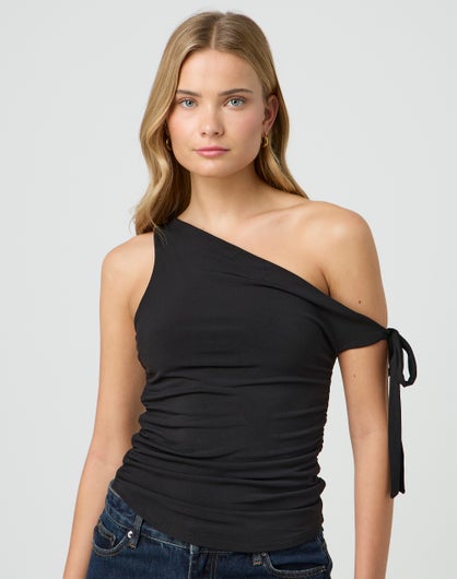 Ruched Side Tie One Shoulder Top in Black | Glassons AU