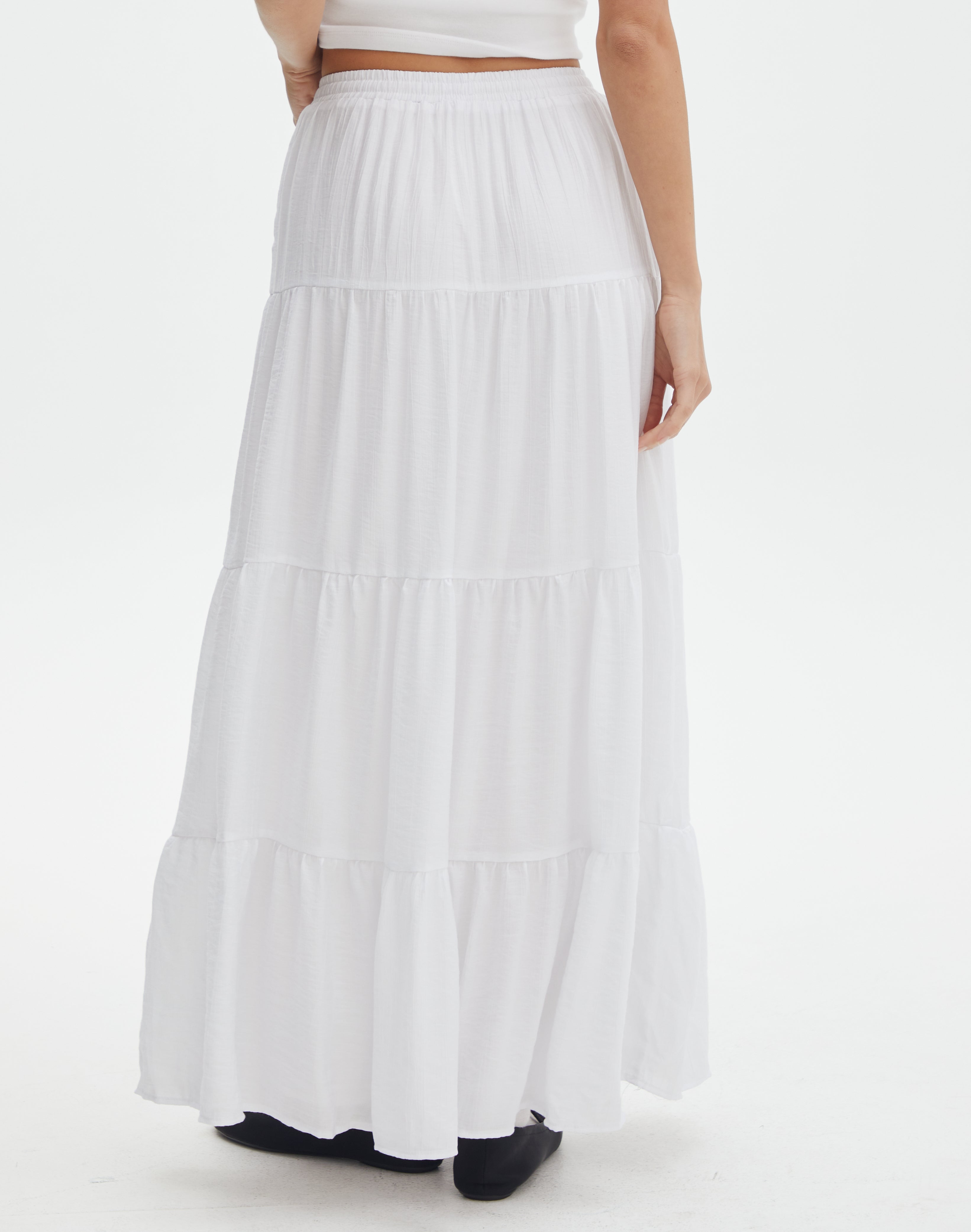Mid Rise Tiered Maxi Skirt in White