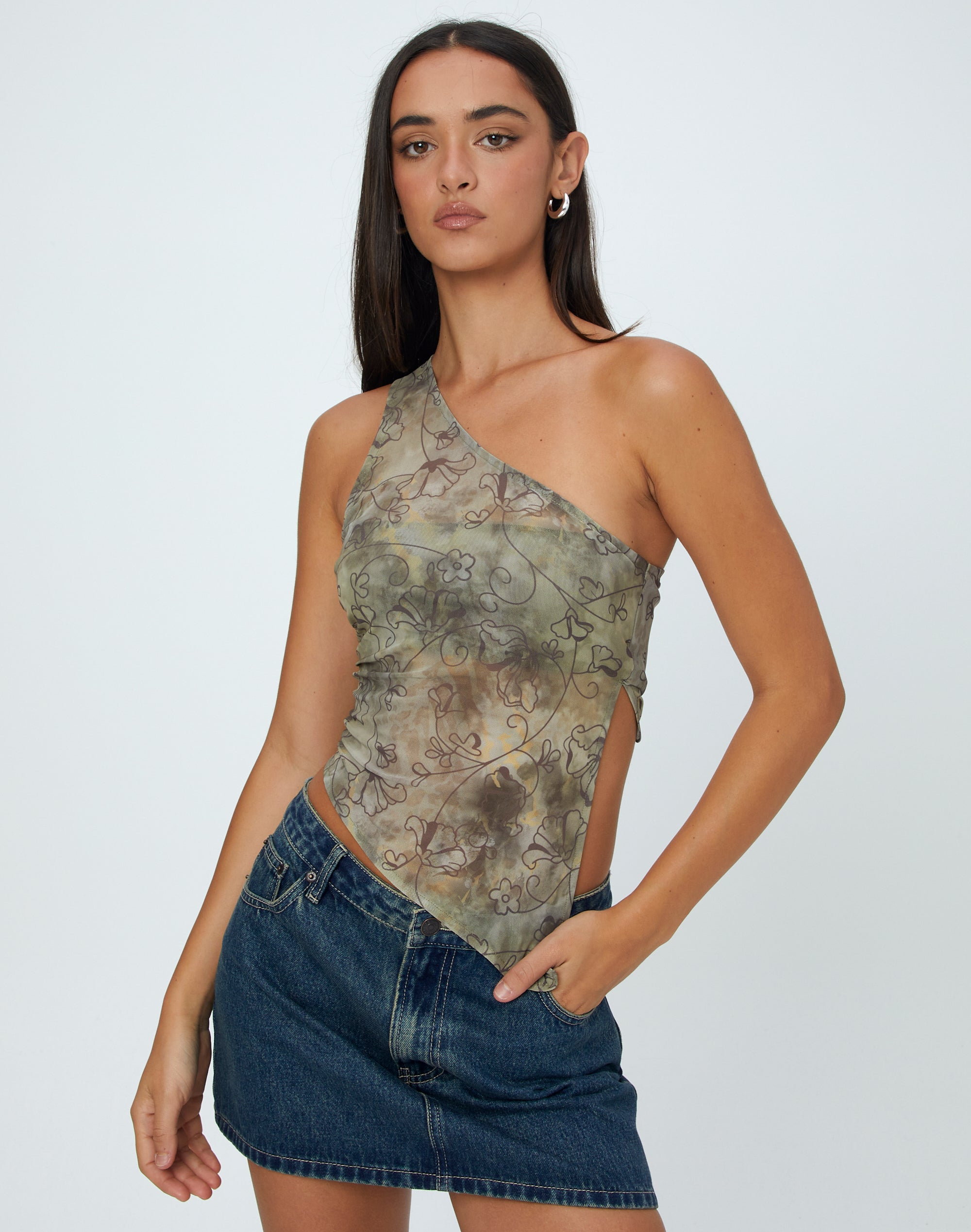 One Shoulder Print Mesh Top