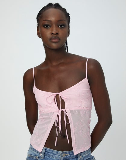 Pink Woven Broderie Trim Tie Front Floaty Cami Top