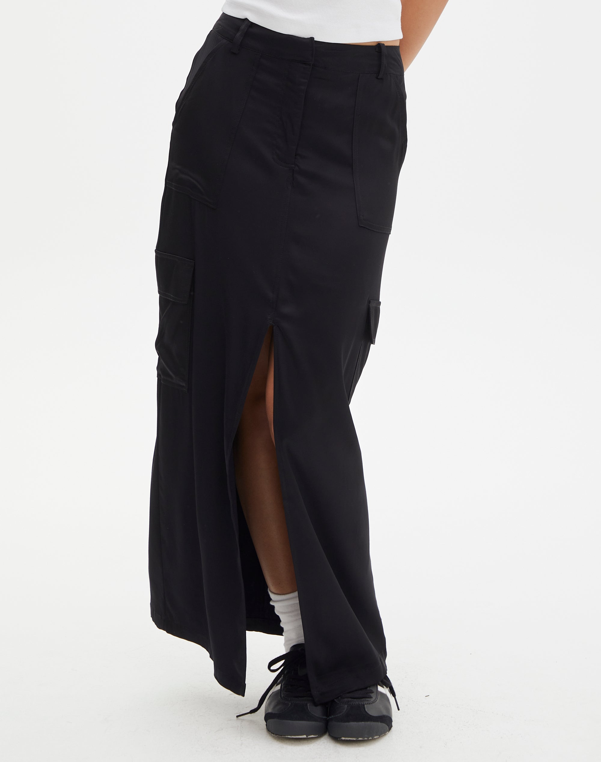 Satin Cargo Midi Skirt in Black Glassons