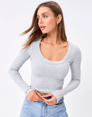 Cotton Scoop Neck Long Sleeve Top in White