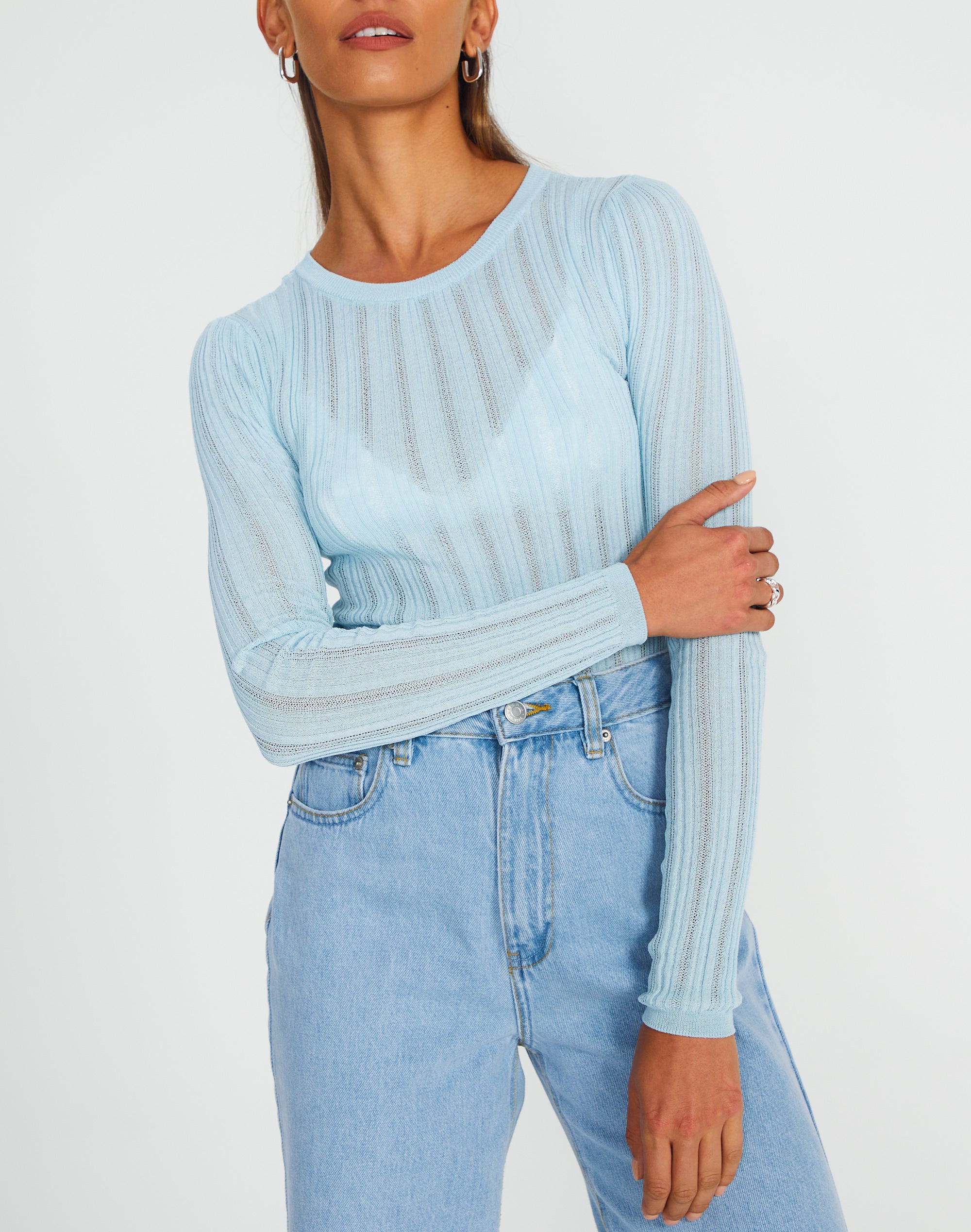 Sheer Ribbed Long Sleeve Knit Top